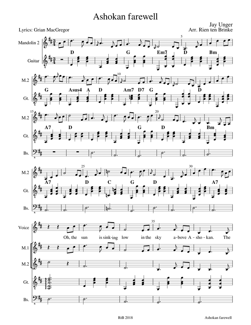 Ashokan farewell Sheet music for Voice, Guitar, Bass Download free in