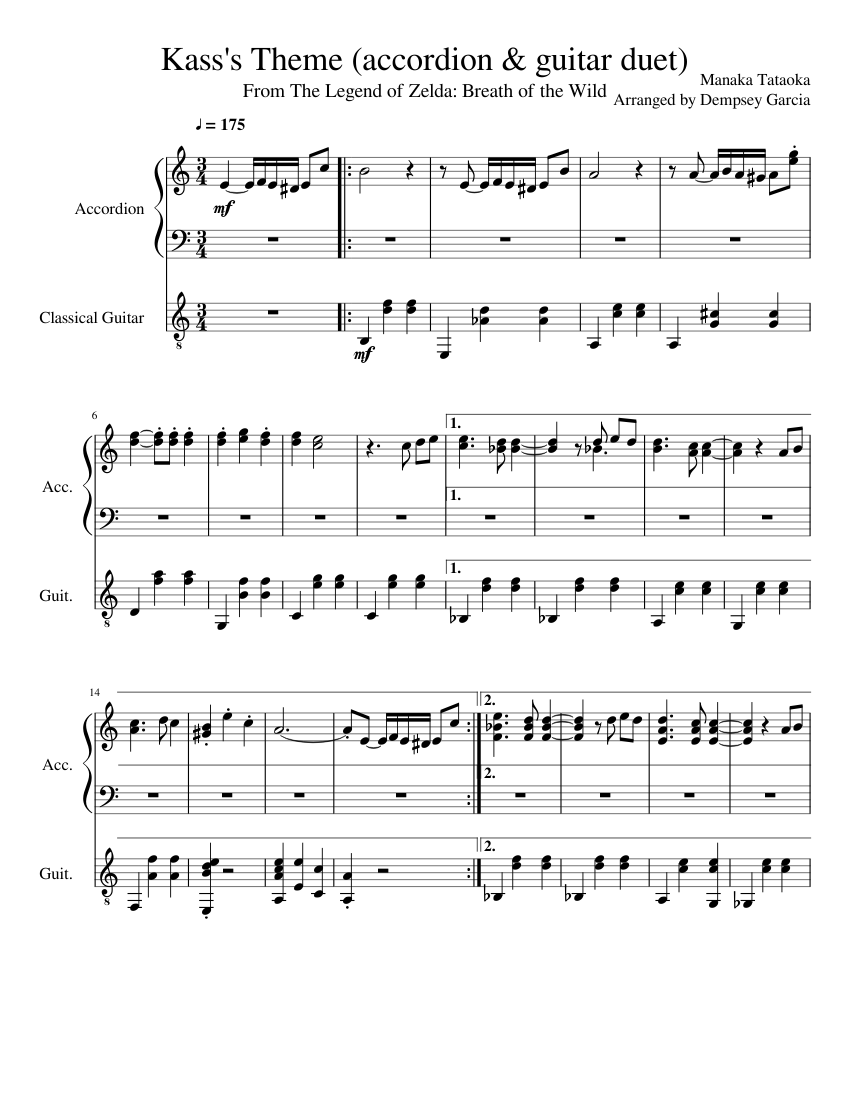 Kass's Theme (accordion and guitar duet) sheet music for Accordion