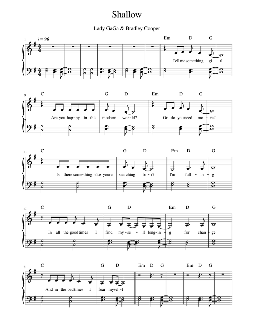 Lady Gaga - Shallow - Easy Piano Sheet music for Piano | Download free