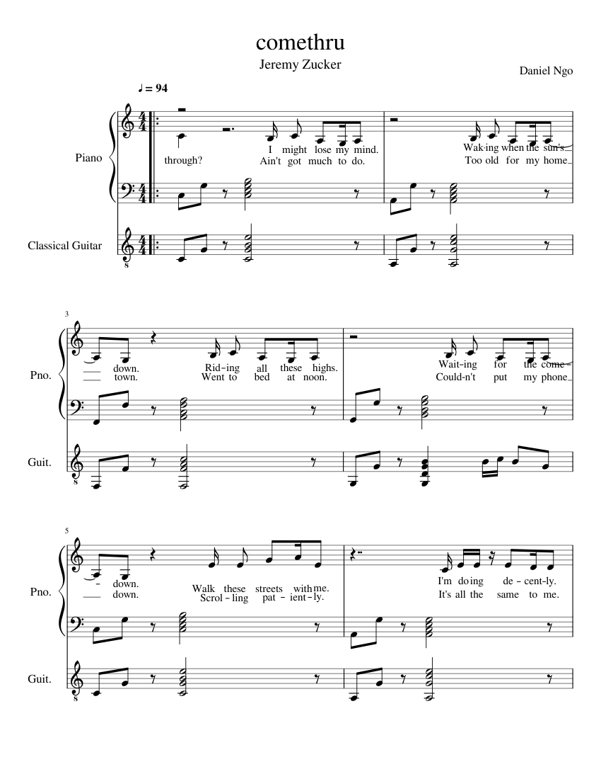 Comethru Jeremy Zucker Sheet Music For Piano Guitar Download