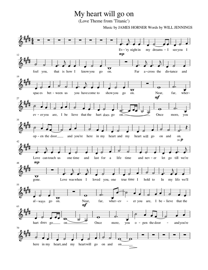 My heart will go on songtext with notes Sheet music for Piano (Solo
