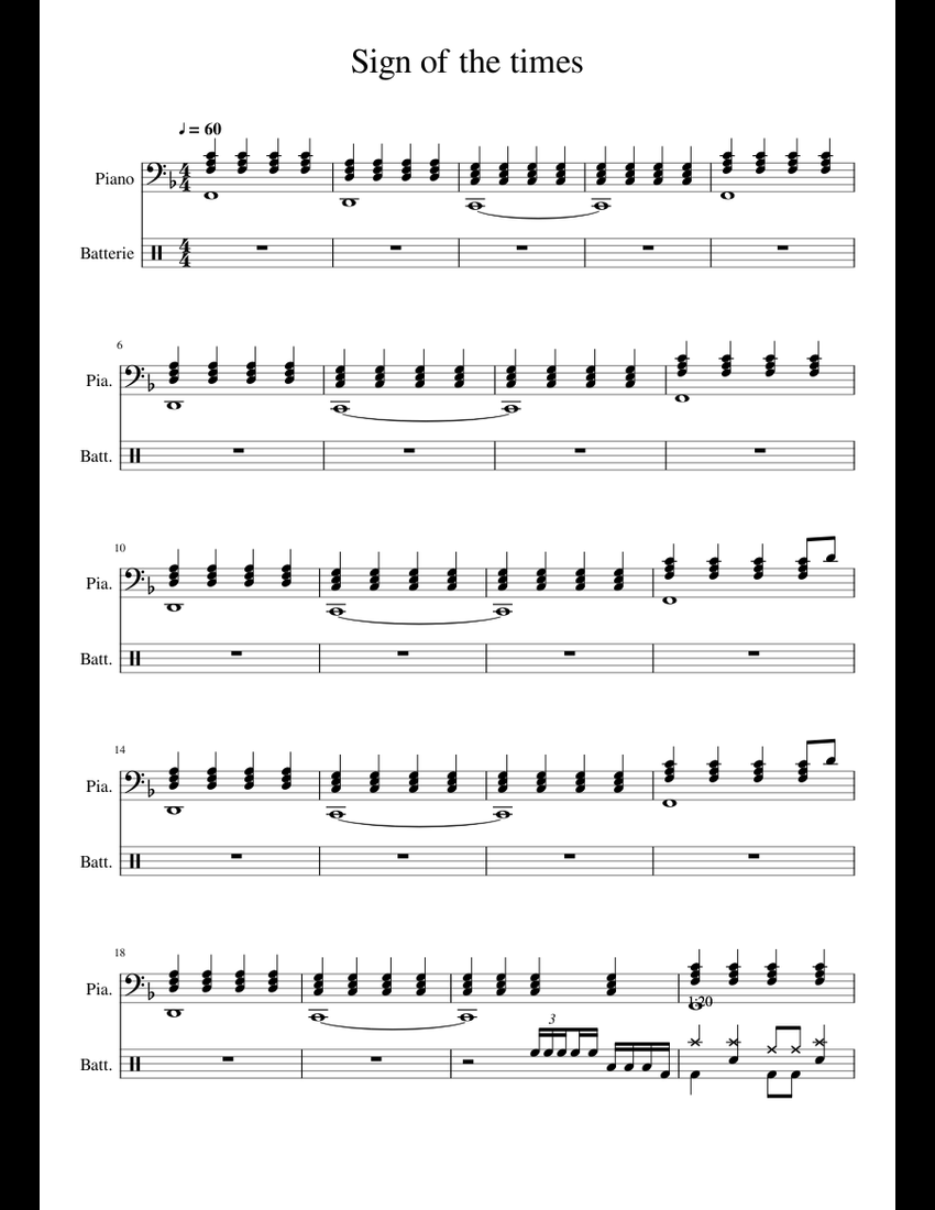 Sign of the times piano and drums sheet music for Piano, Percussion