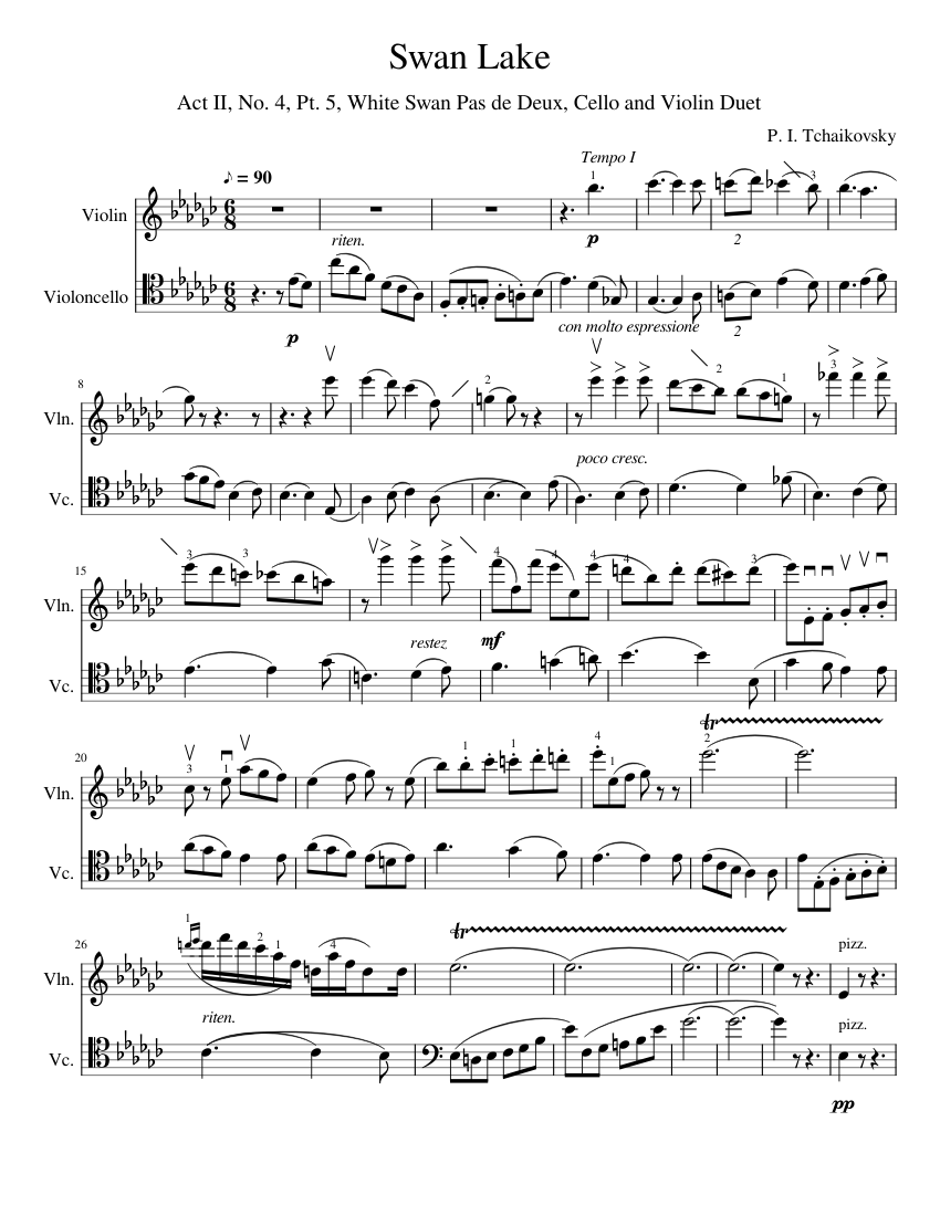 Tchaikovsky Swan Lake White Swan Pas de Deux Cello Violin Duet Sheet
