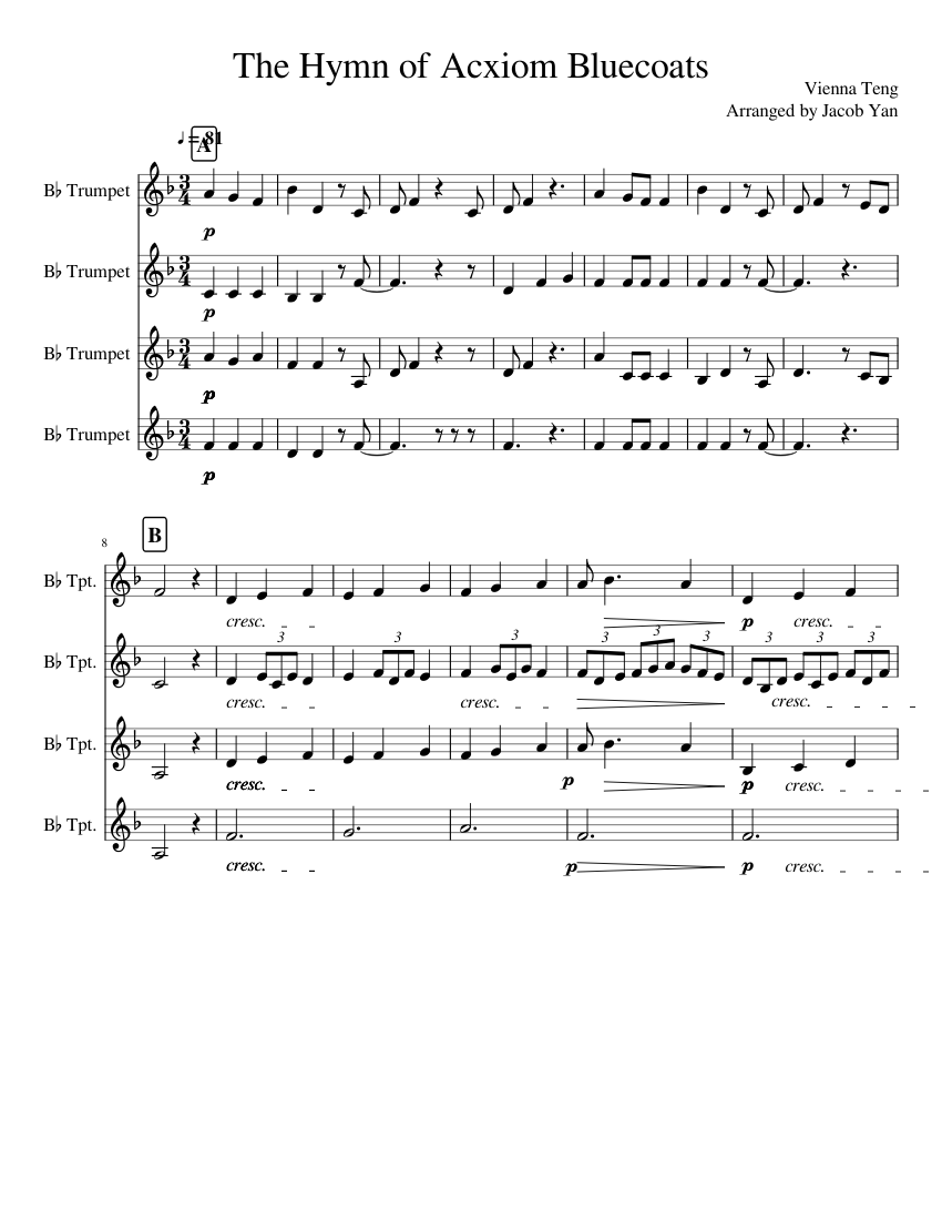 The Hymn Of Acxiom Sheet Music For Trumpet In B Flat Brass Quartet 