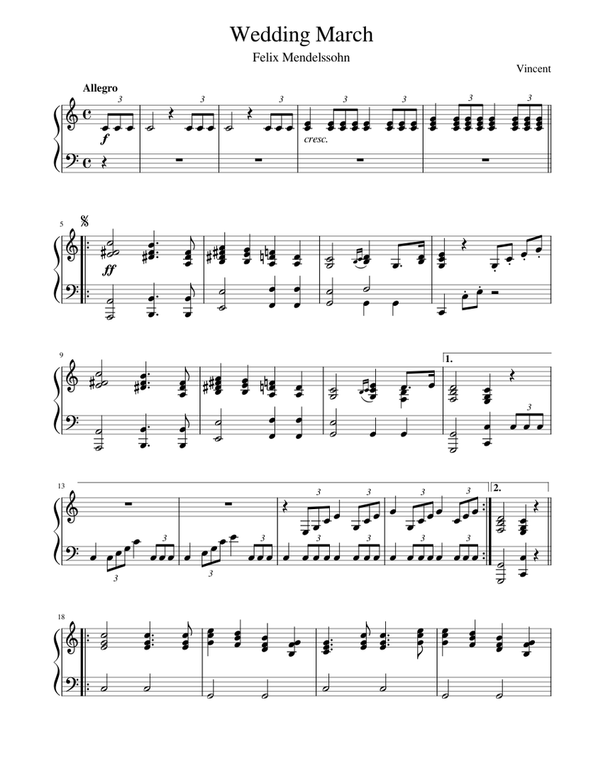 Mendelssohn Wedding March Sheet music for Piano