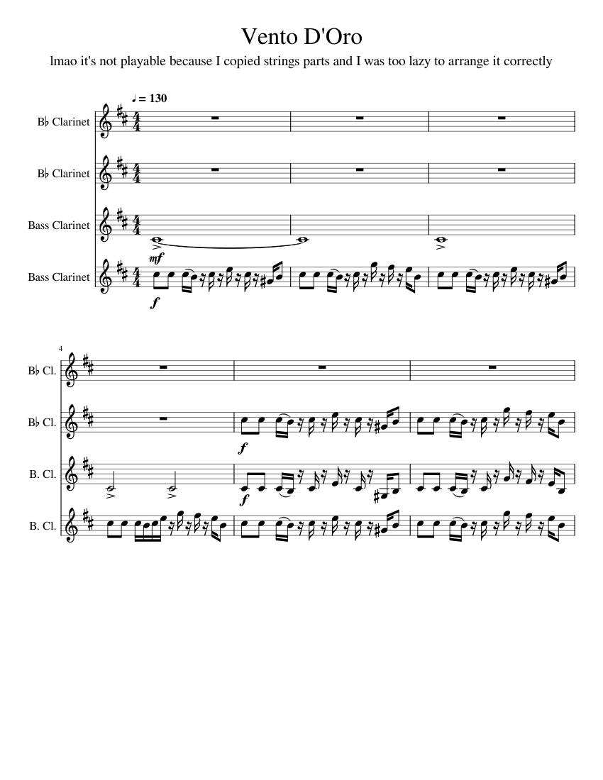 Il Vento D'Oro (Golden Wind) Clarinet Quartet Sheet music for Clarinet