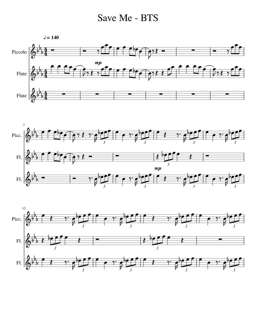 Save Me BTS (Shortened Ver.) Sheet music for Flute, Flute (Piccolo) (Mixed Trio)