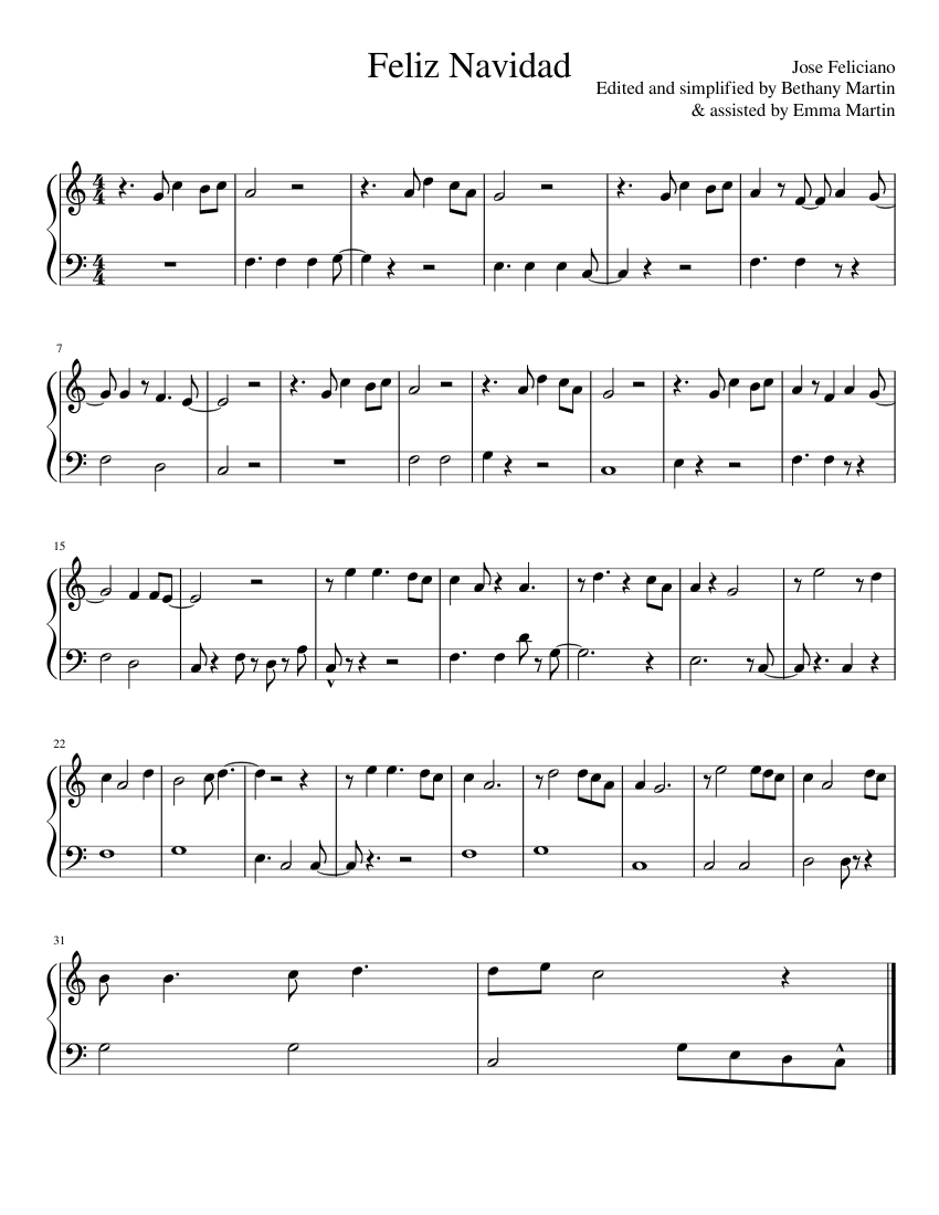 Feliz Navidad sheet music for Piano download free in PDF or MIDI