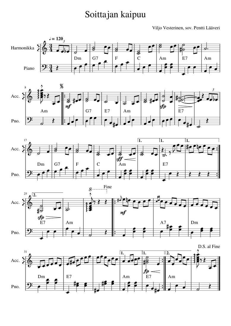 Soittajan kaipuu Sheet music for Piano, Accordion | Download free in