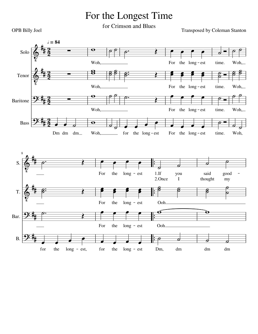 For the Longest Time TTBB sheet music for Piano download free in PDF or