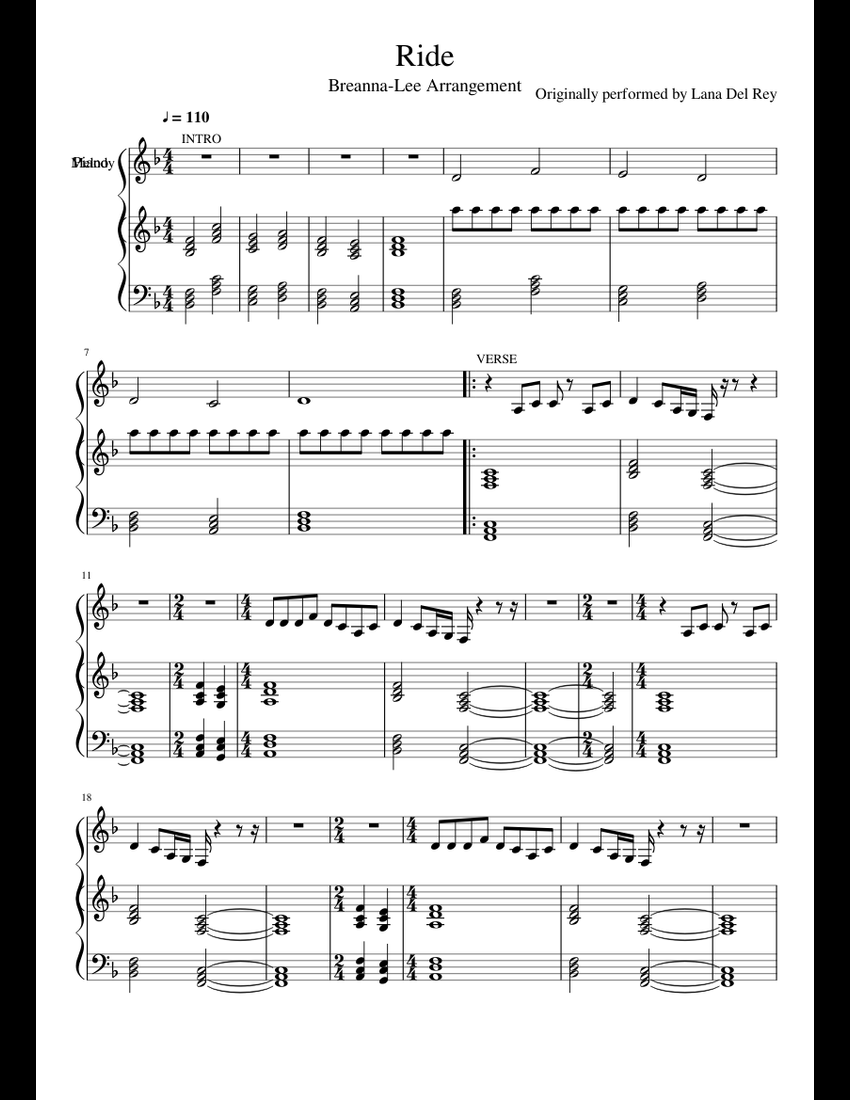 "Ride" - Lana del Rey sheet music for Piano download free in PDF or MIDI
