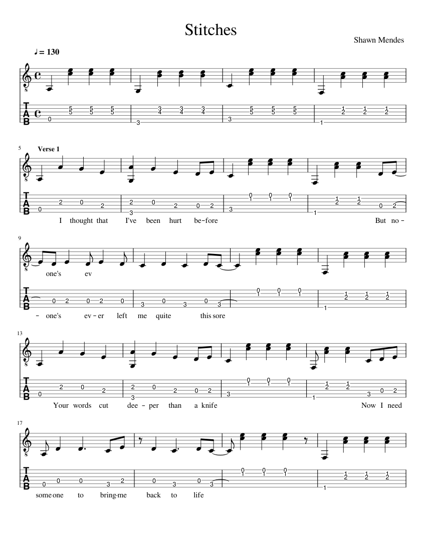 Stitches by Shawn Mendes Sheet music for Guitar (Solo)