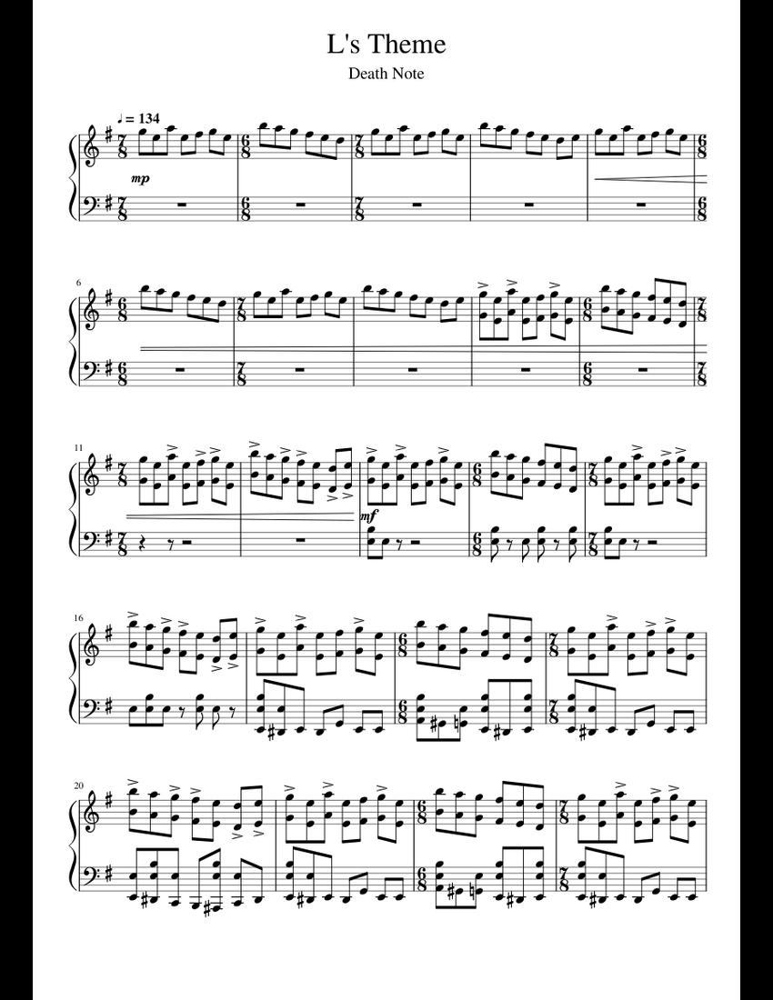 L's Theme sheet music for Piano download free in PDF or MIDI