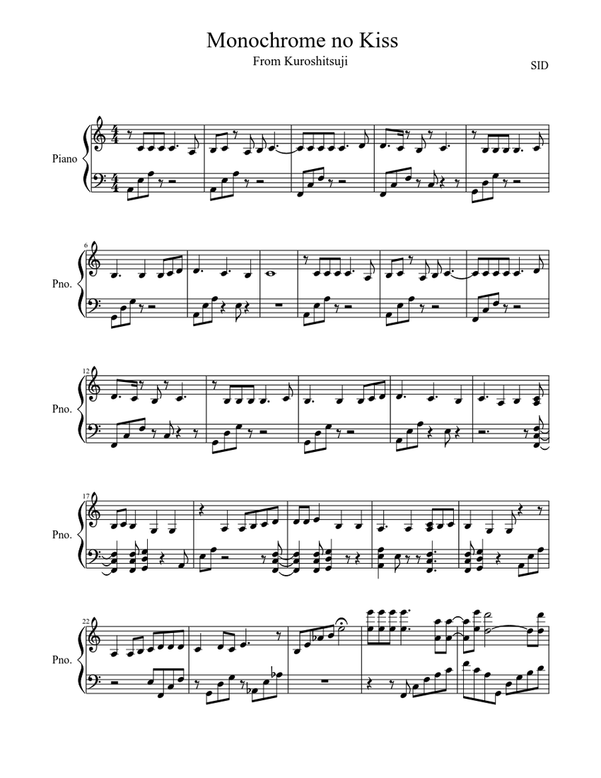 Monochrome No Kiss Sid Piano Sheet Music Download Free In