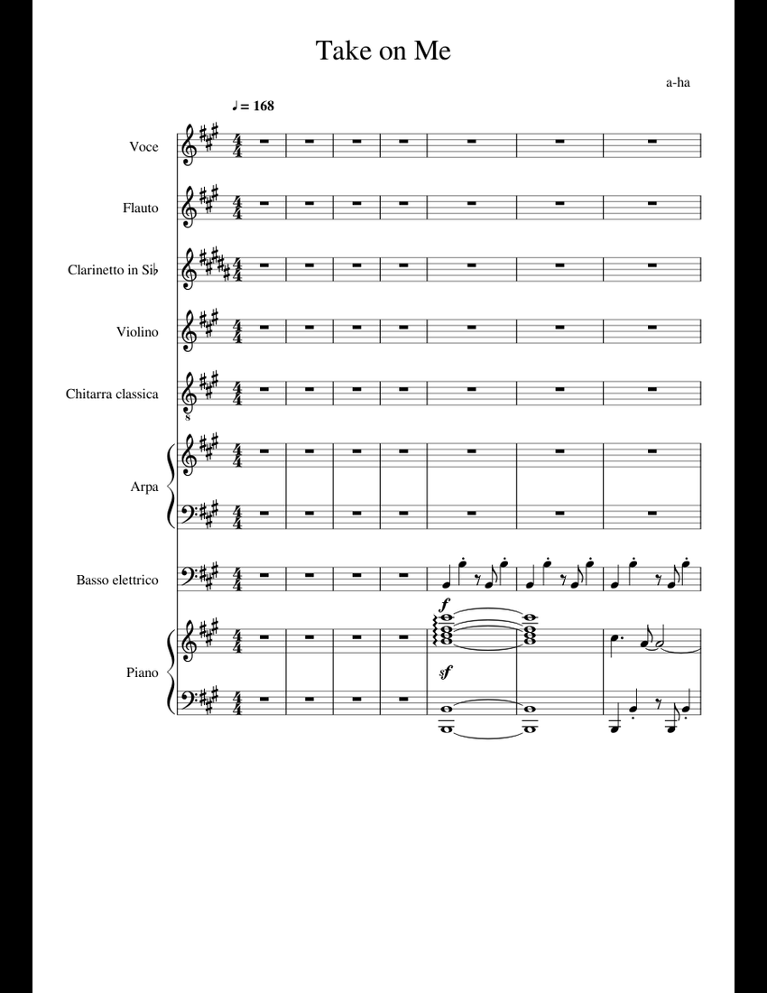 Take on Me - a-ha sheet music for Flute, Clarinet, Violin, Piano