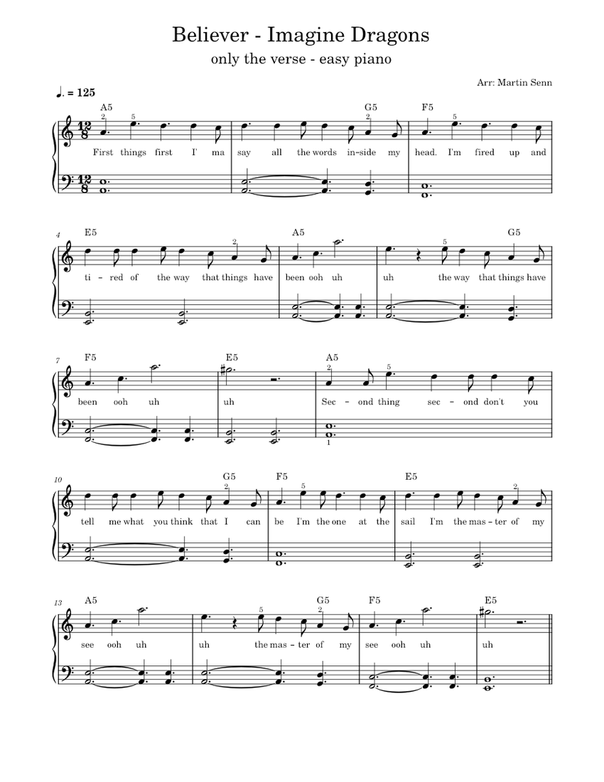 Imagine Dragons - Believer - Easy Piano Sheet music for Piano | Download free in PDF or MIDI ...