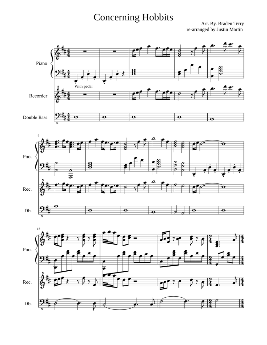 Concerning Hobbits Sheet music for Piano, Recorder, Contrabass