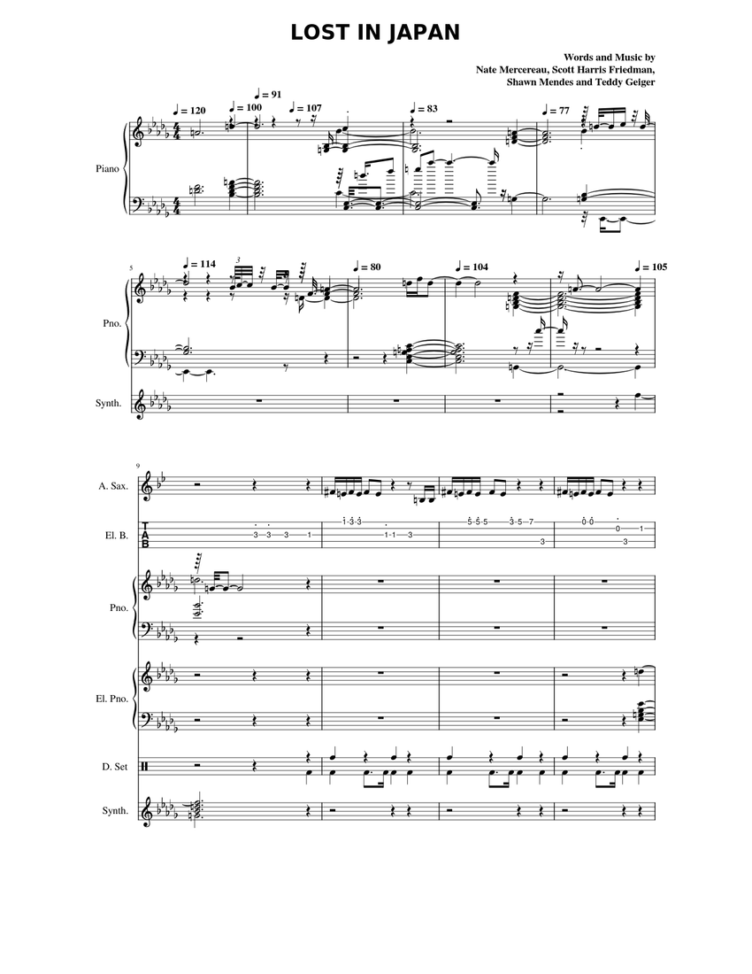 Lost In Japan Shawn Mendes With Guitar Tabs Sheet Music For Piano Drum Group Saxophone Alto Vocals More Instruments Mixed Ensemble Musescore Com