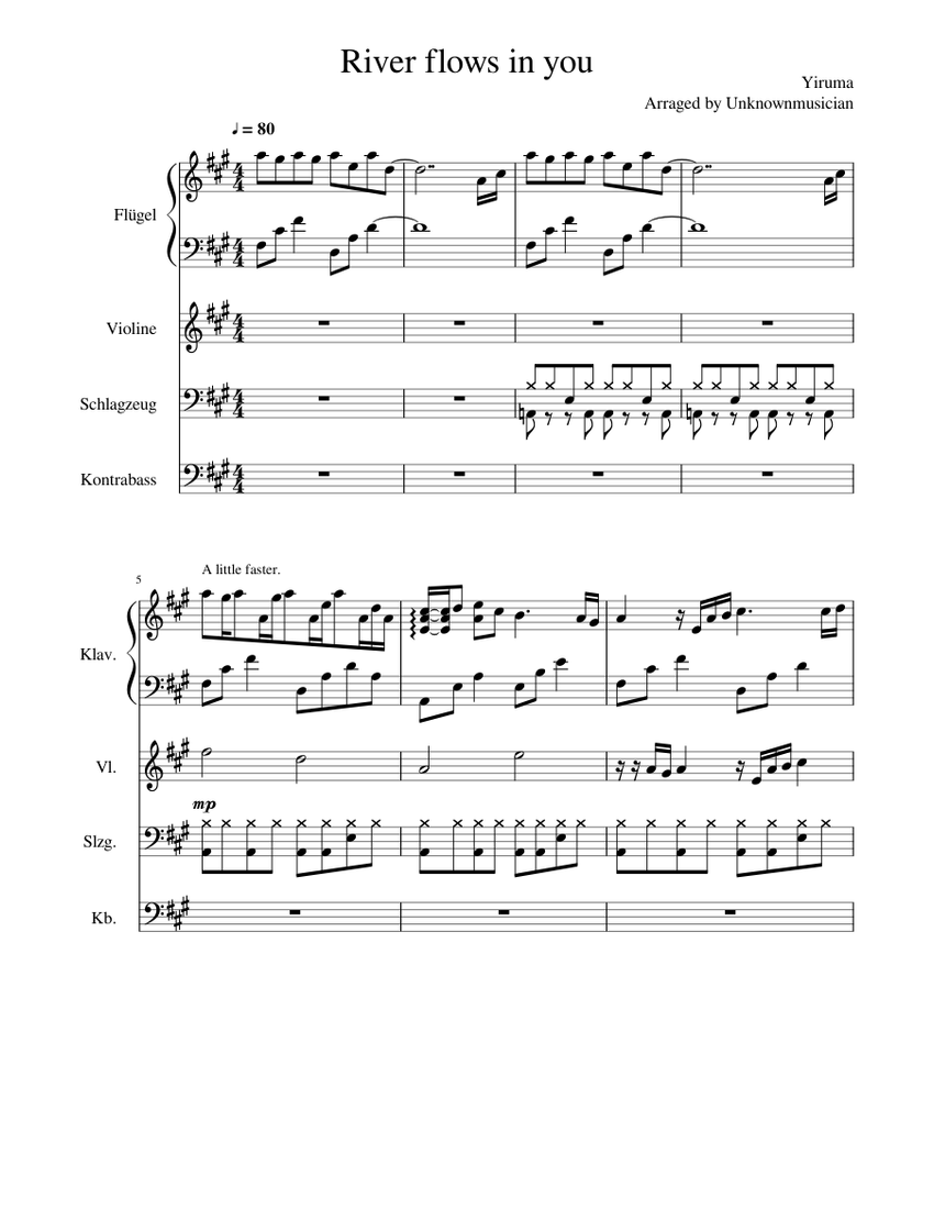 River flows in you Sheet music for Violin, Drum Group, Contrabass