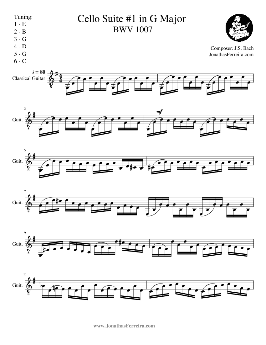 J. S. Bach - Cello Suite 1 in G Major - BWV 1007 Sheet music for Guitar