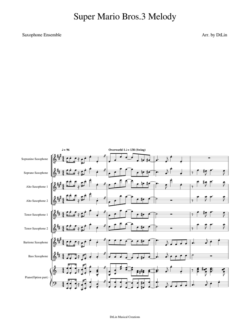 Super Mario Bros 3 Melody Saxophone Ensemble Sheet Music For Piano