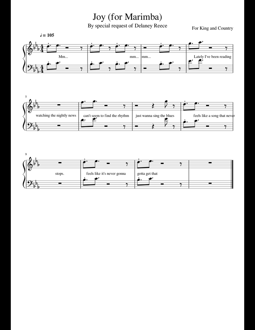 Joy By for King and Country (For solo Marimba) sheet music for ...