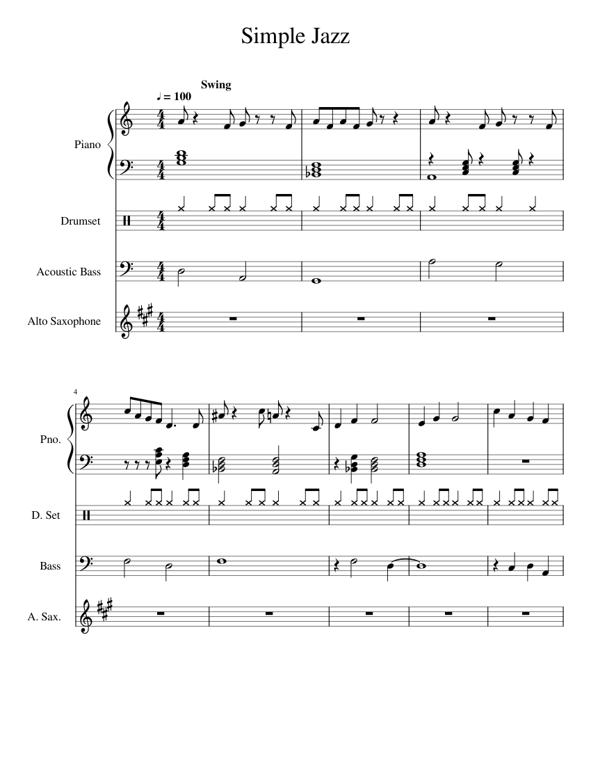 Simple Jazz Sheet music for Piano, Percussion, Bass, Alto Saxophone