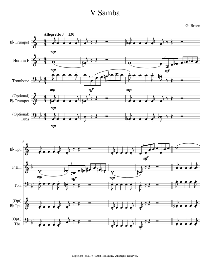 V Samba Sheet music for Trumpet (In B Flat), Trombone, French Horn