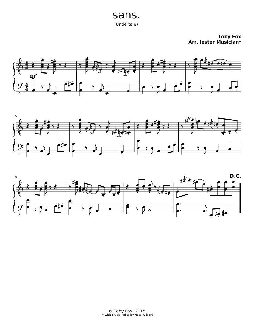 Sans From Undertale For Piano Sheet Music For Piano Download