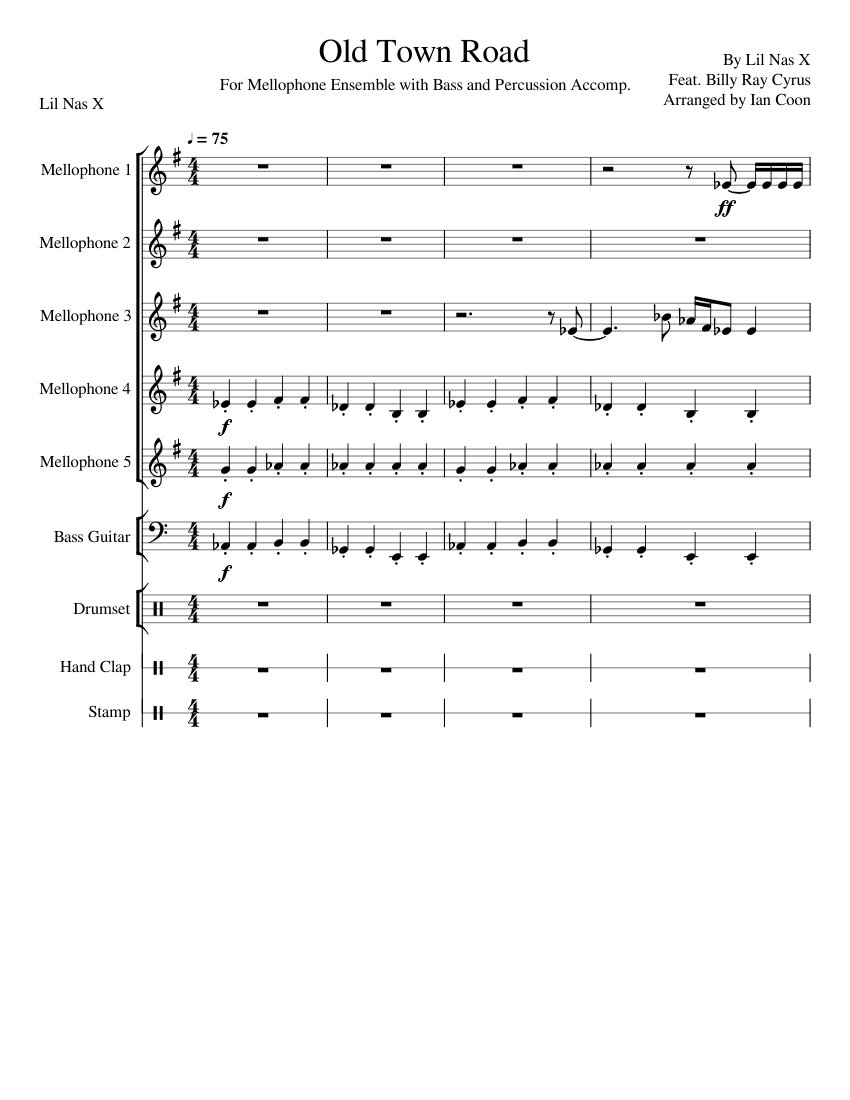 Old Town Road Sheet music for Drum Group, Bass, Mellophone, Hand Clap