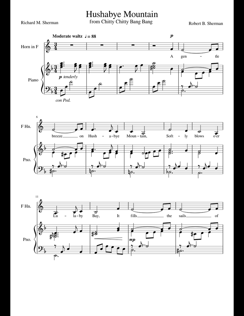Hushabye Mountain French Horn/Mellophone sheet music for Piano, French ...