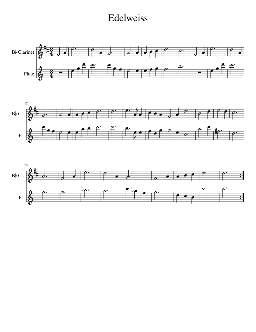 Edelweiss Sheet music for Flute, (In B Flat) (Woodwind Duet