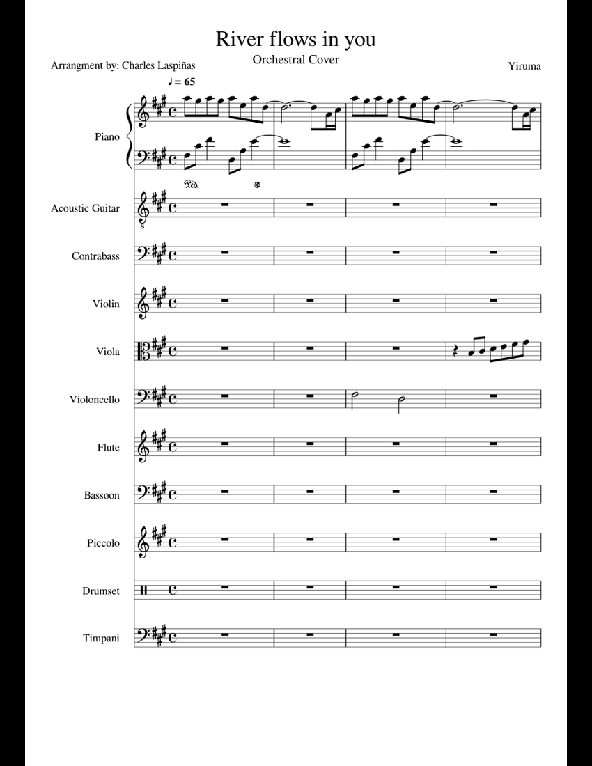 River flows in you Orchestra sheet music for Piano, Violin, Flute