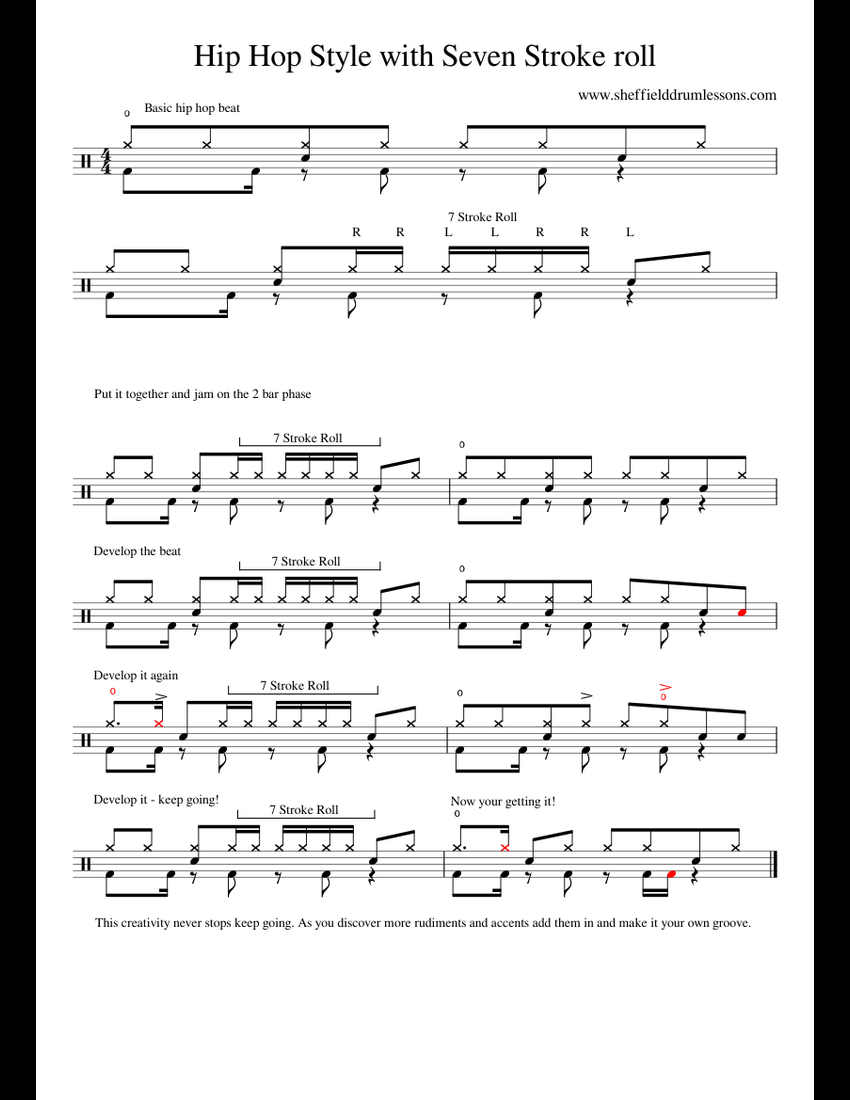 Drum Beat Progression Hip hop style with seven stroke roll sheet music ...
