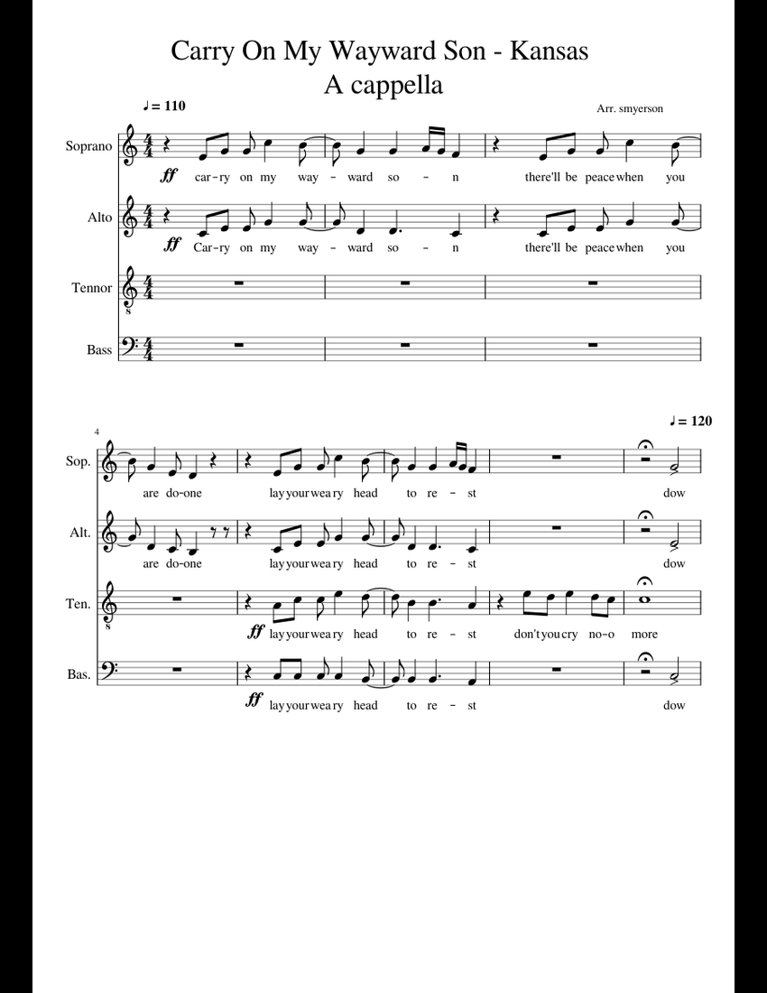 Carry on my Wayward Son A cappella sheet music for Piano download free