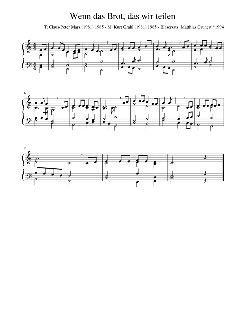 Wenn das Brot, das wir teilen Sheet music for Piano