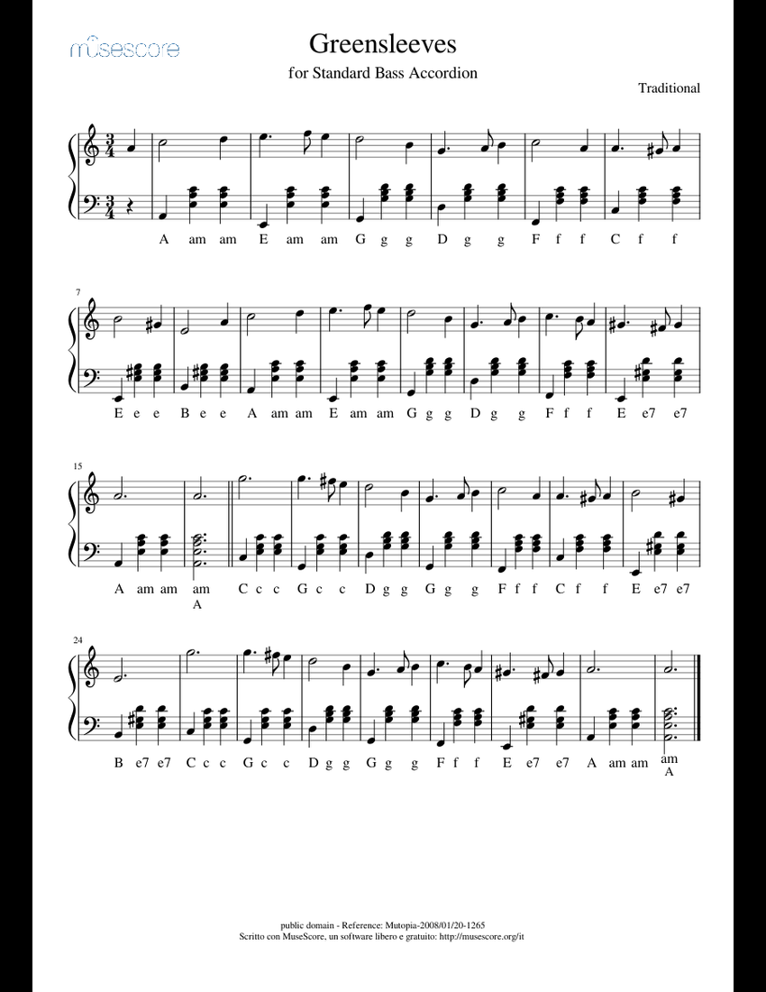 Greensleeves sheet music for Accordion download free in PDF or MIDI