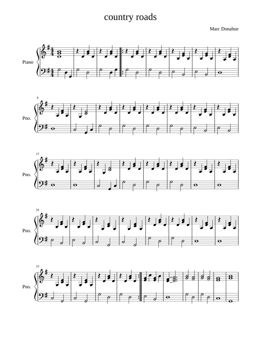 Country roads piano Sheet music for Piano | Download free in PDF or