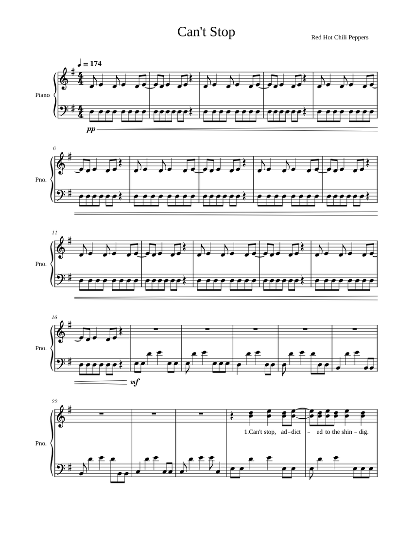 Can T Stop Red Hot Chili Peppers Sheet Music For Piano Download Free In Pdf Or Midi