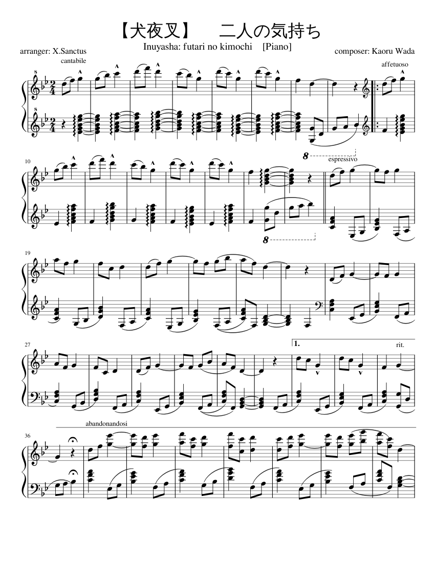 犬夜叉 二人の気持ち Inuyasha Futari No Kimochi Piano Sheet Music For Piano Solo Musescore Com