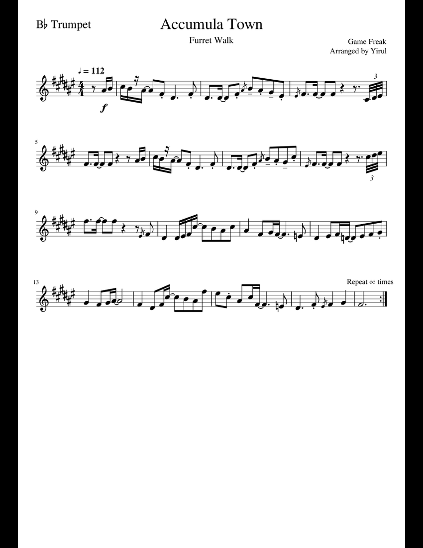 Accumula Town (B♭ Trumpet Solo) [Furret Walk] sheet music for Trumpet ...