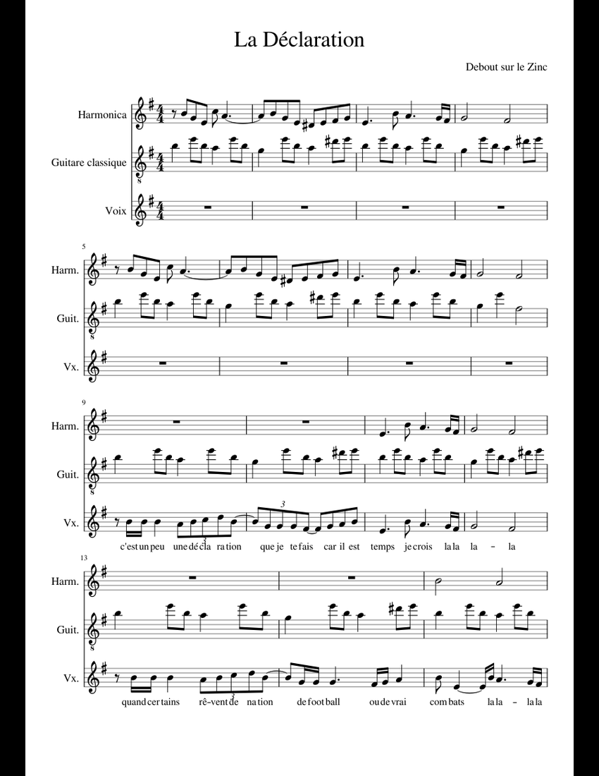 La Déclaration sheet music for Harmonica, Guitar, Voice ...