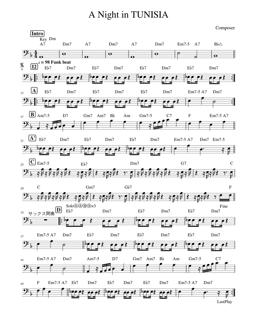 A Night in TUNISIA【Bass】 sheet music for Piano download free in PDF or MIDI