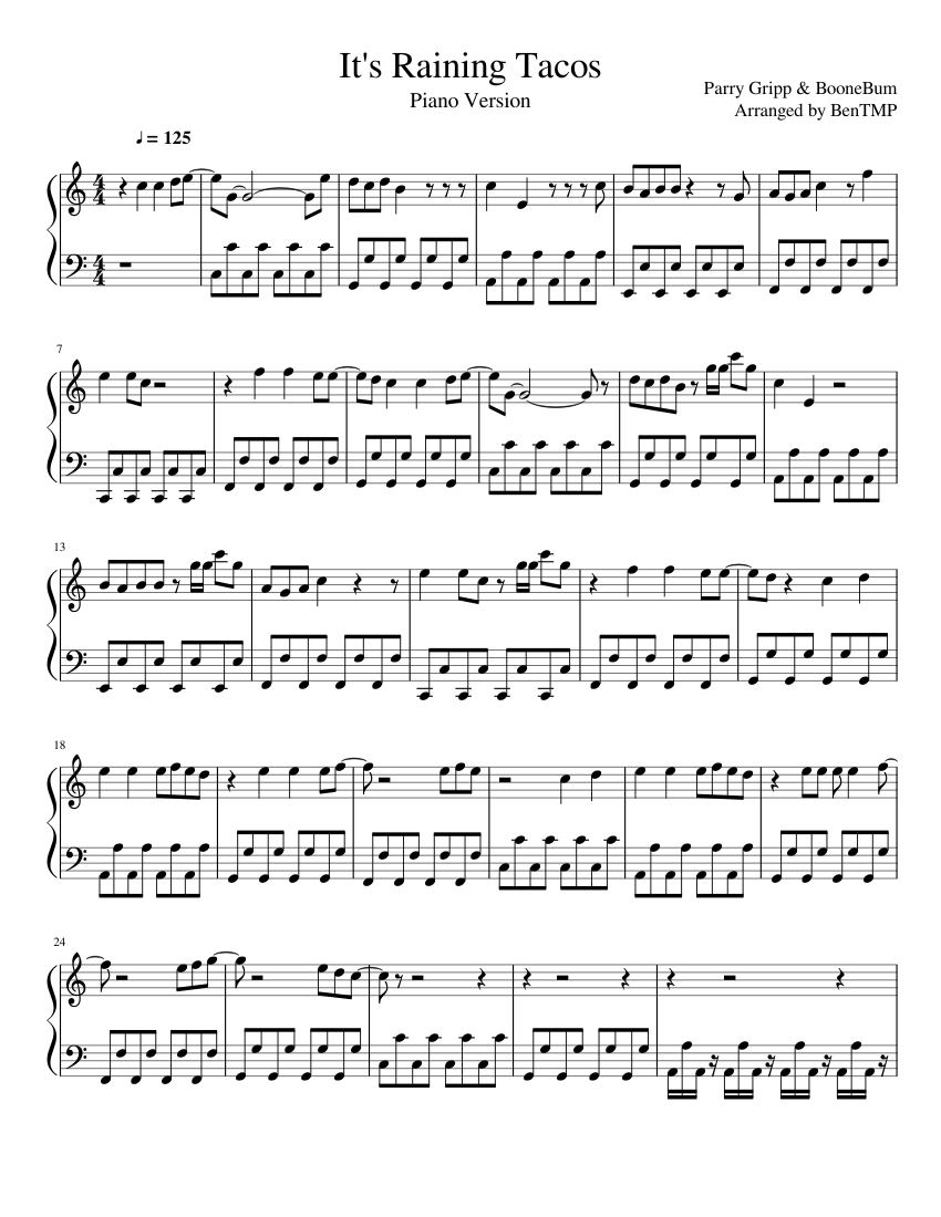 It S Raining Tacos Piano Version Sheet Music For Piano Download