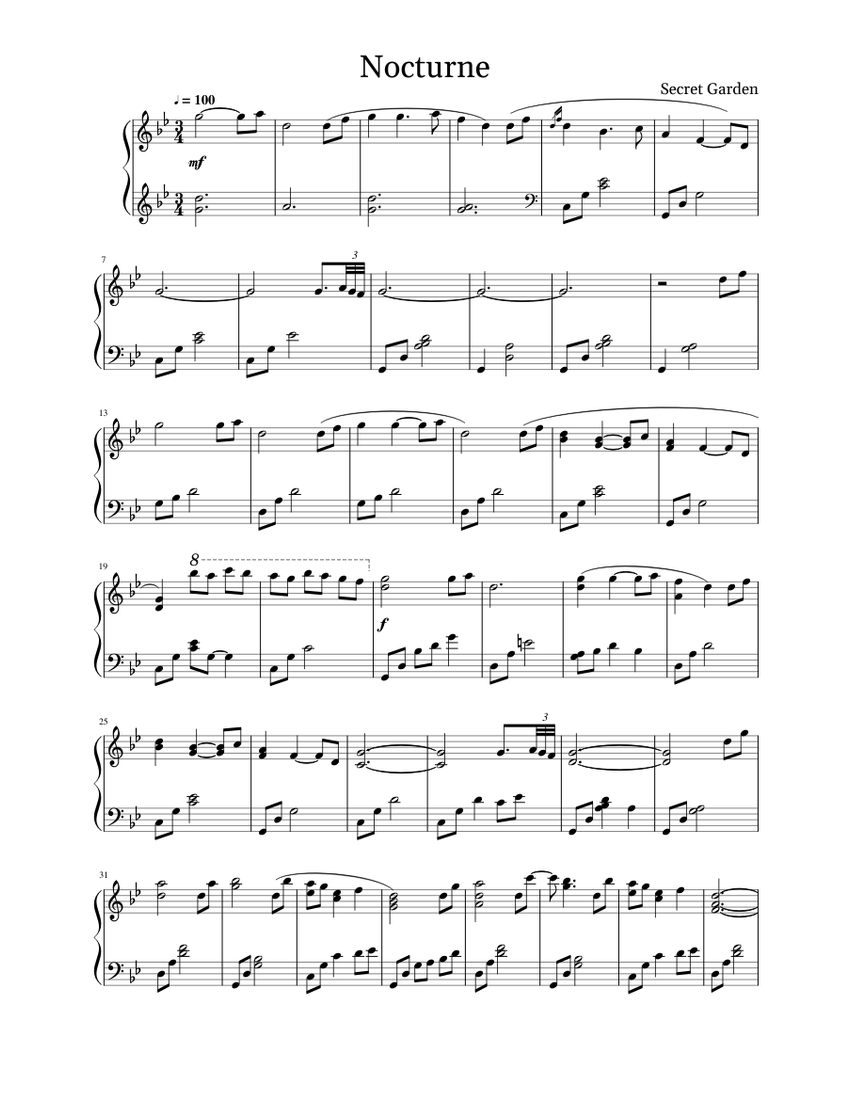 Nocturne by Secret Garden Sheet music for Piano (Solo)