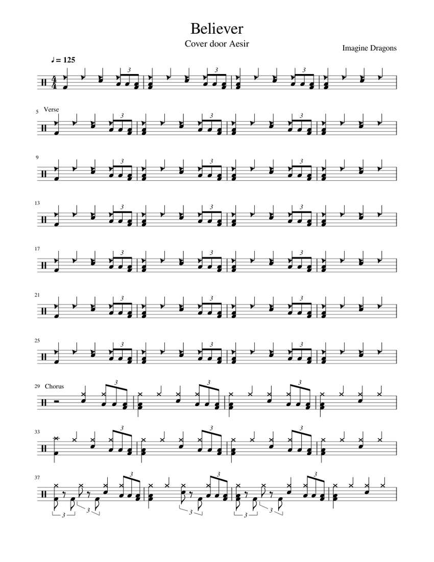 Imagine Dragons Believer Drum Score Sheet Music For Percussion