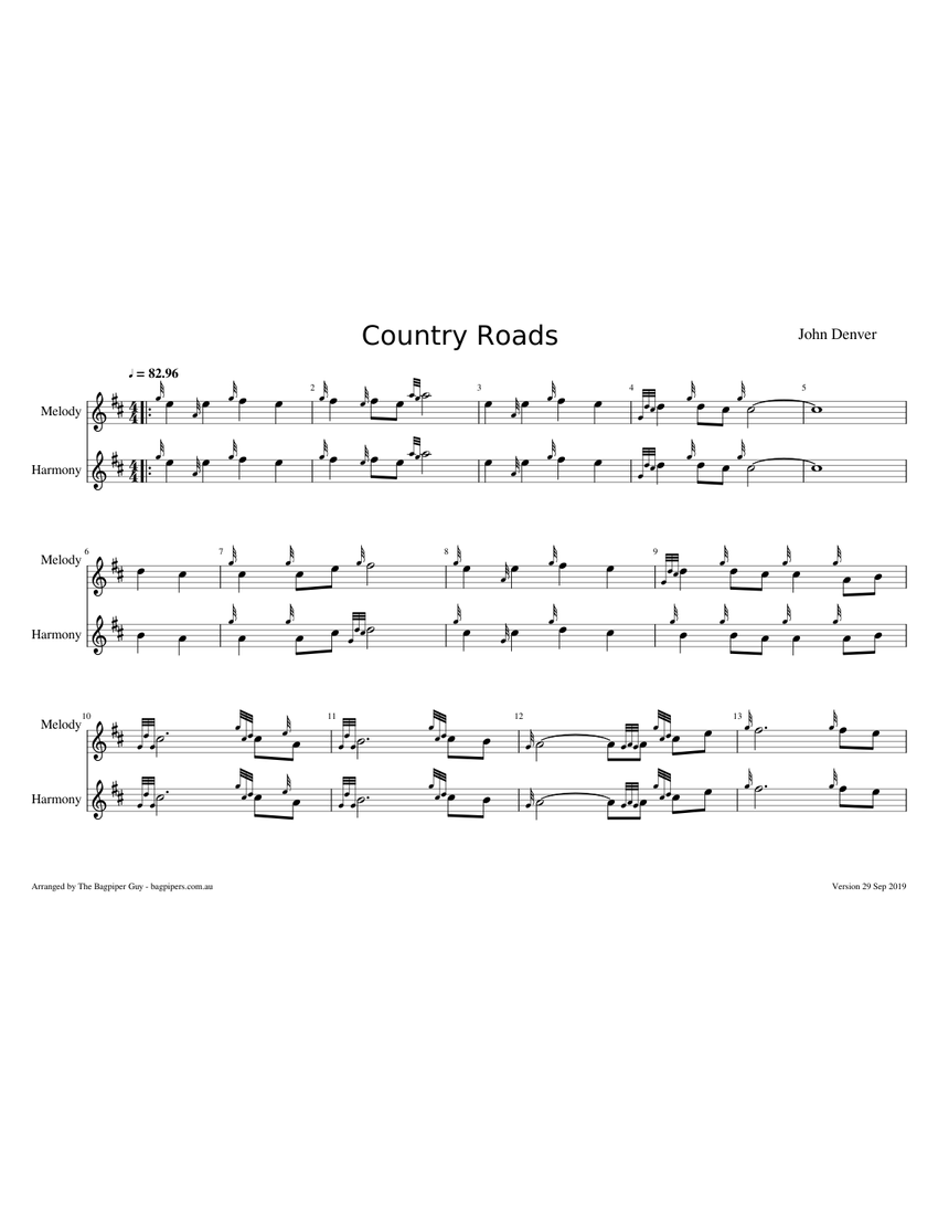Country Roads Take Me Home Bagpipe Version Melody 3 Sheet music for