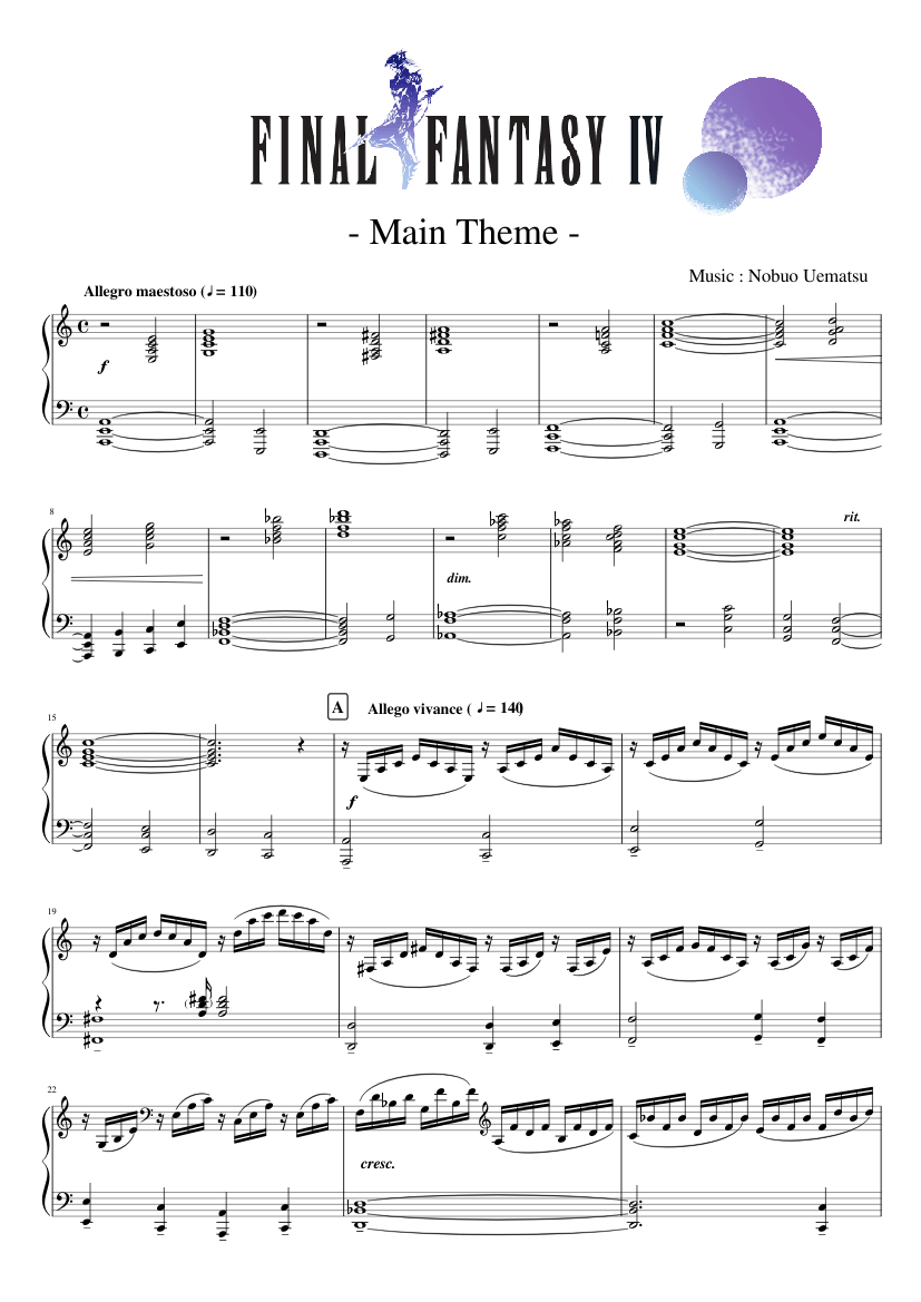 ファイナルファンタジー４ メインテーマ Final Fantasy Iv Main Theme Sheet Music For Piano Solo Musescore Com
