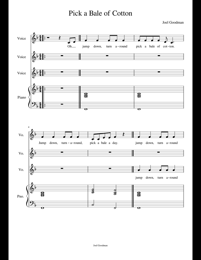 Pick a Bale of Cotton sheet music for Piano, Voice download free in PDF