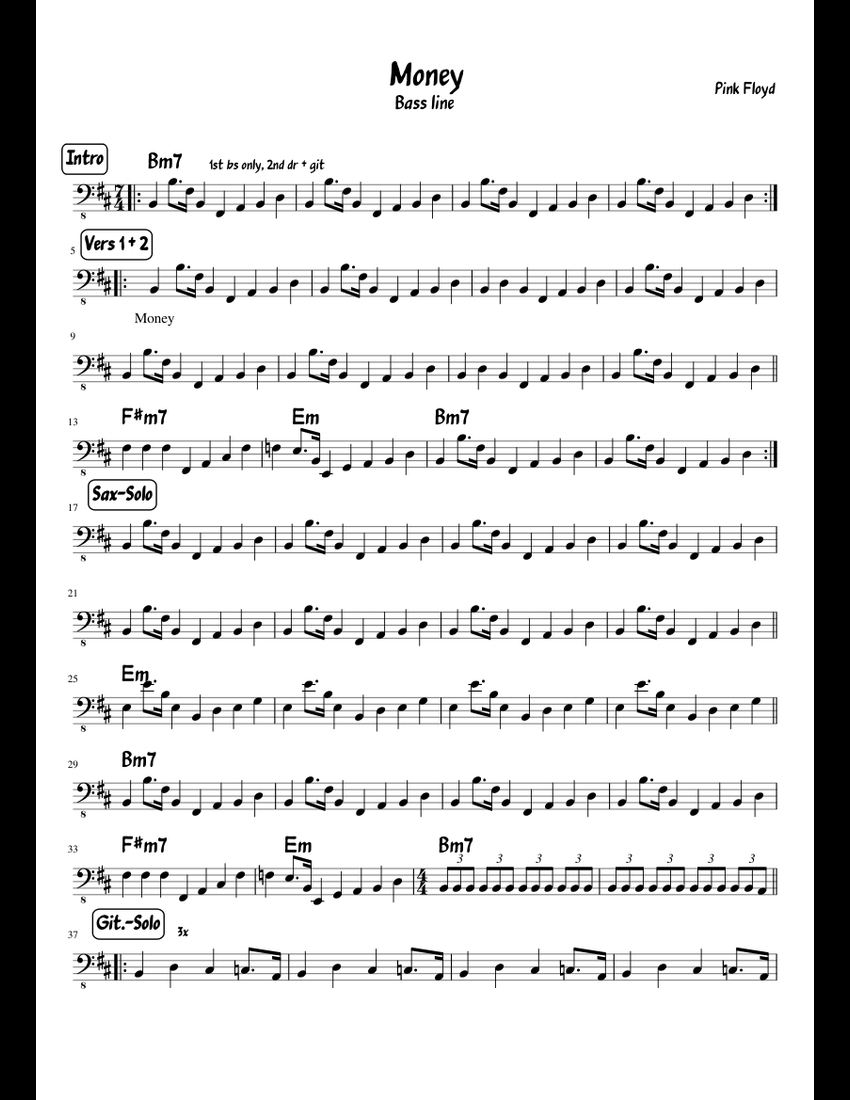 Money Pink Floyd Bass sheet music for Bass download free in PDF or MIDI